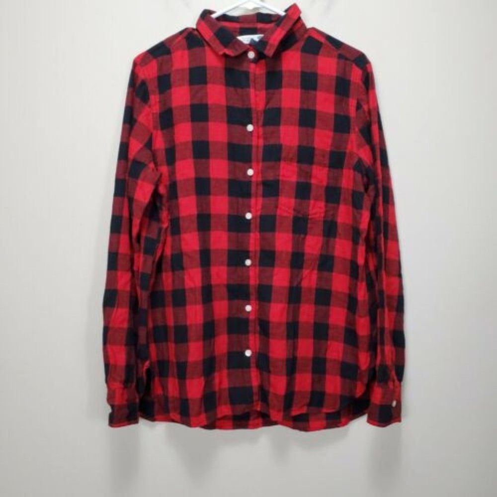 Old Navy‎ Buffalo Check Flannel Shirt Womens L Red Long Sleeve 100% Cotton Top